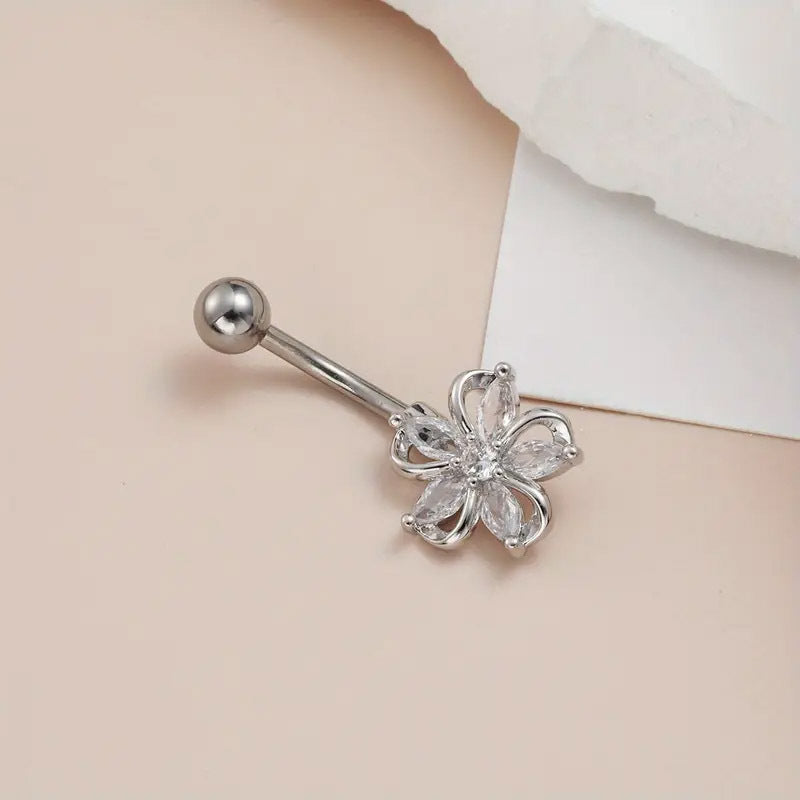 Popular Light Luxury Zircon Flower Navel Stud