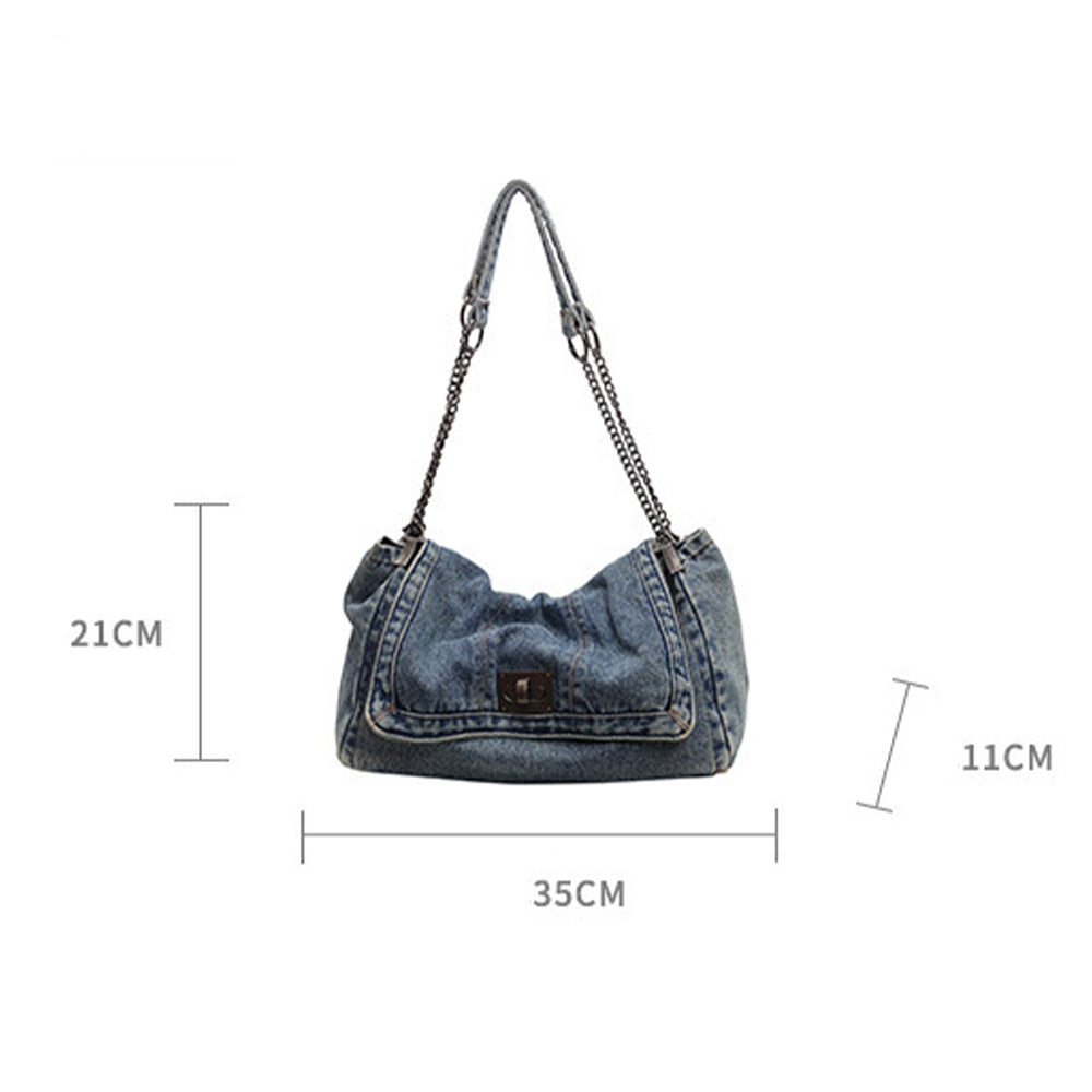 Versatile Denim Tote For Women  Chic Crossbody Bag With Chain Strap, Spacious Casual And Work Purse