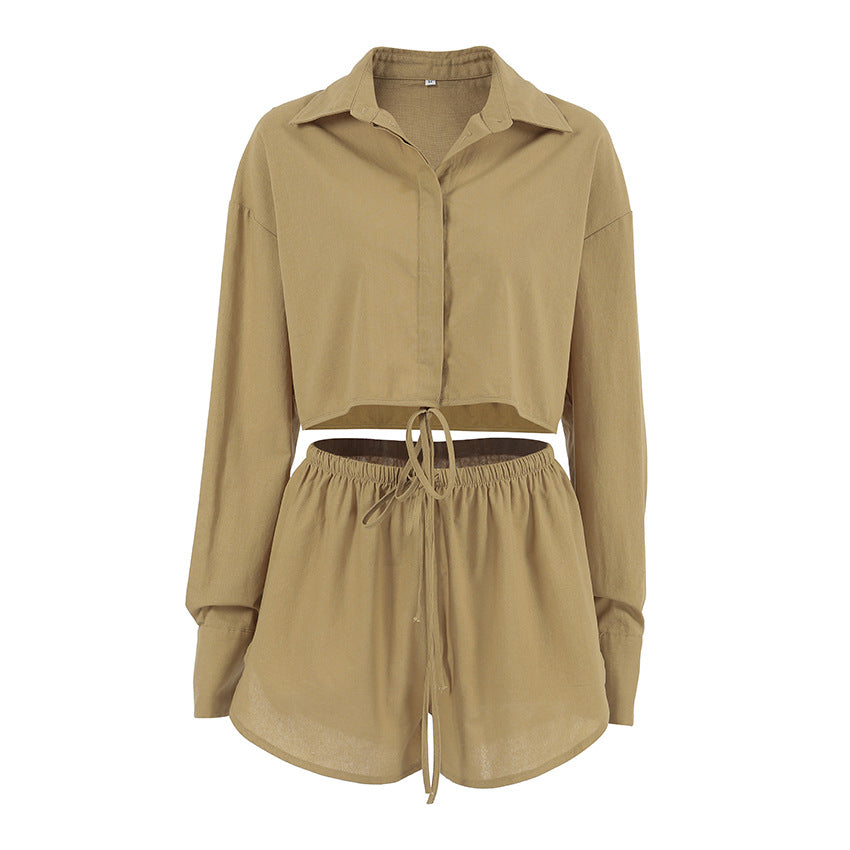 Autumn Fashion Casual Cotton Linen Split Long Sleeve Hot Pants Suit