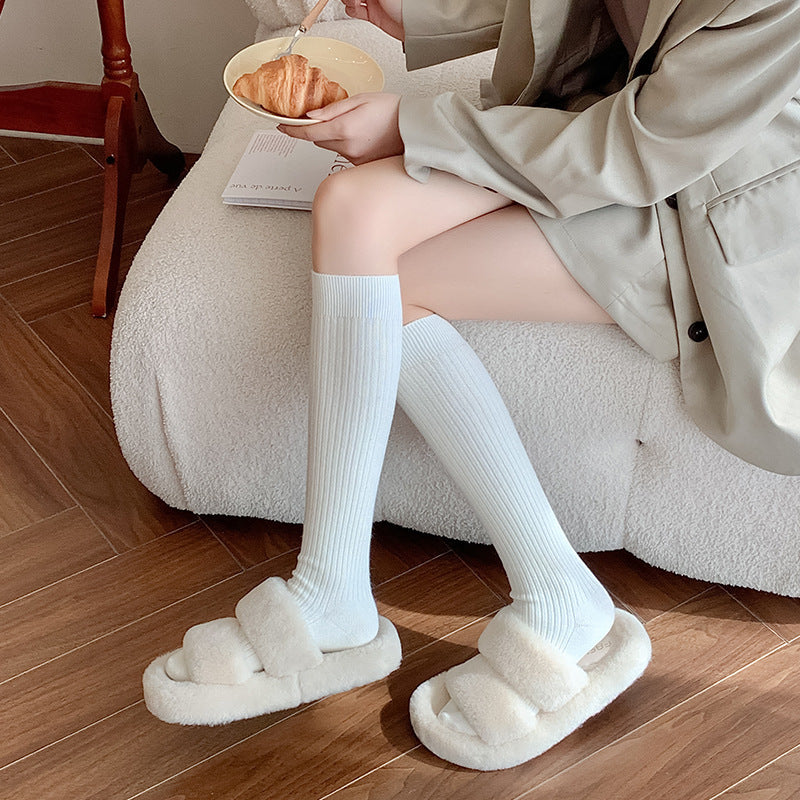 Autumn And Winter Solid Color Rib Fabric Warm Wool Calf Socks