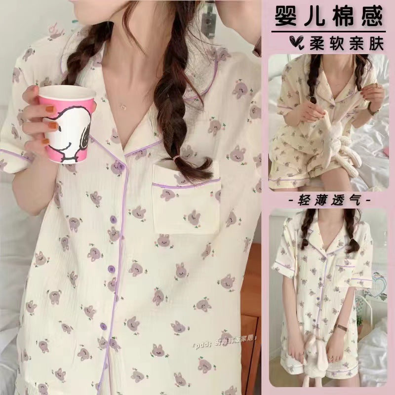 Summer Japanese Bubble Cotton Cute Orange Pajamas For Women