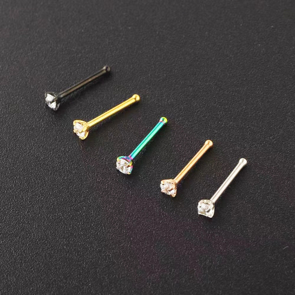 Simple Accessories Four-claw Straight Rod Round Zircon Nose Stud