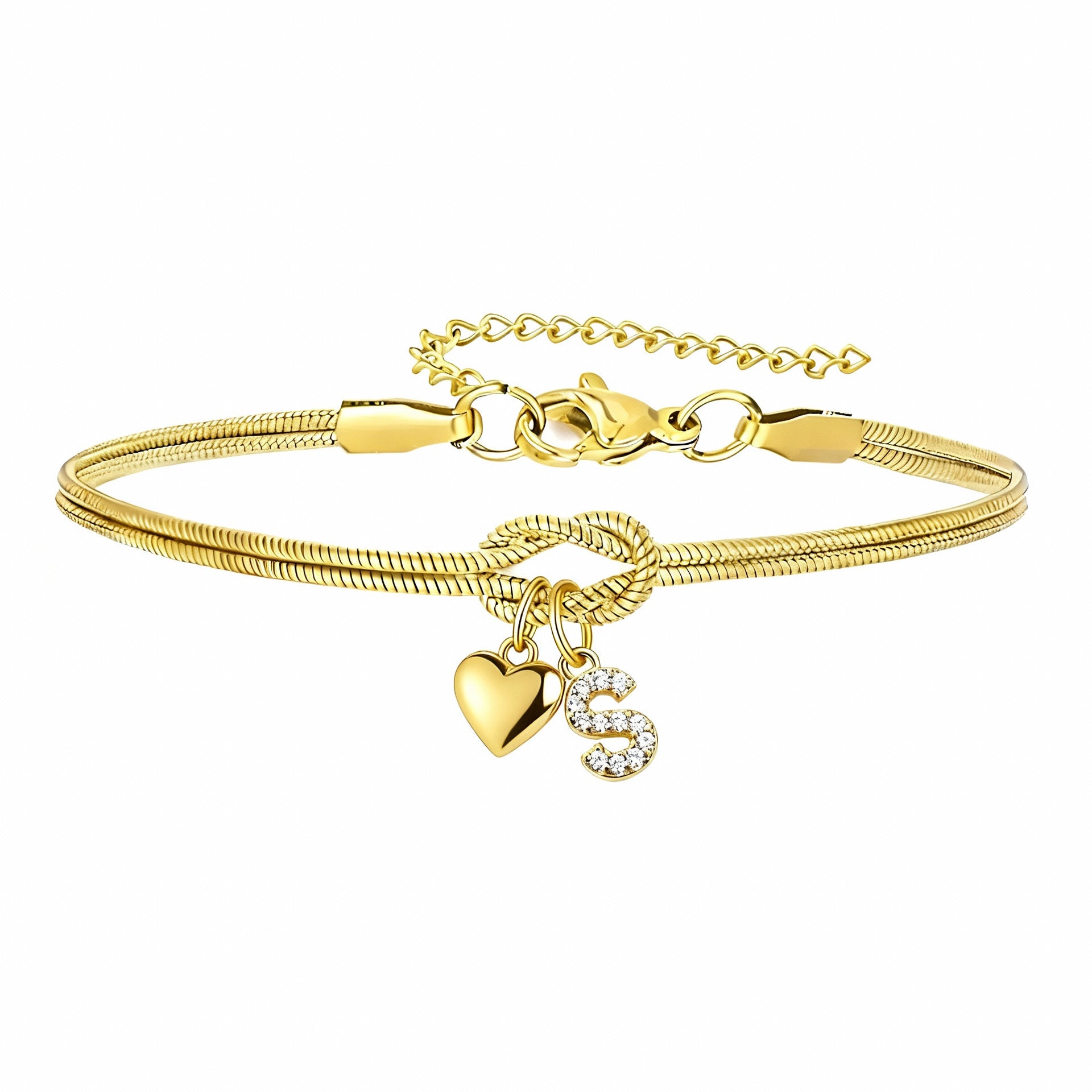 Diamond-Encrusted 26-Letter Heart Pendant Bracelet