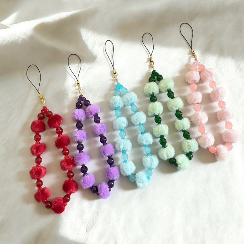 Fuzzy Ball Crystal Bead Phone Chain Key Charm