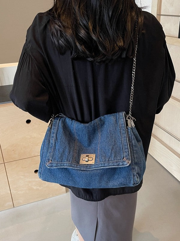 Versatile Denim Tote For Women  Chic Crossbody Bag With Chain Strap, Spacious Casual And Work Purse