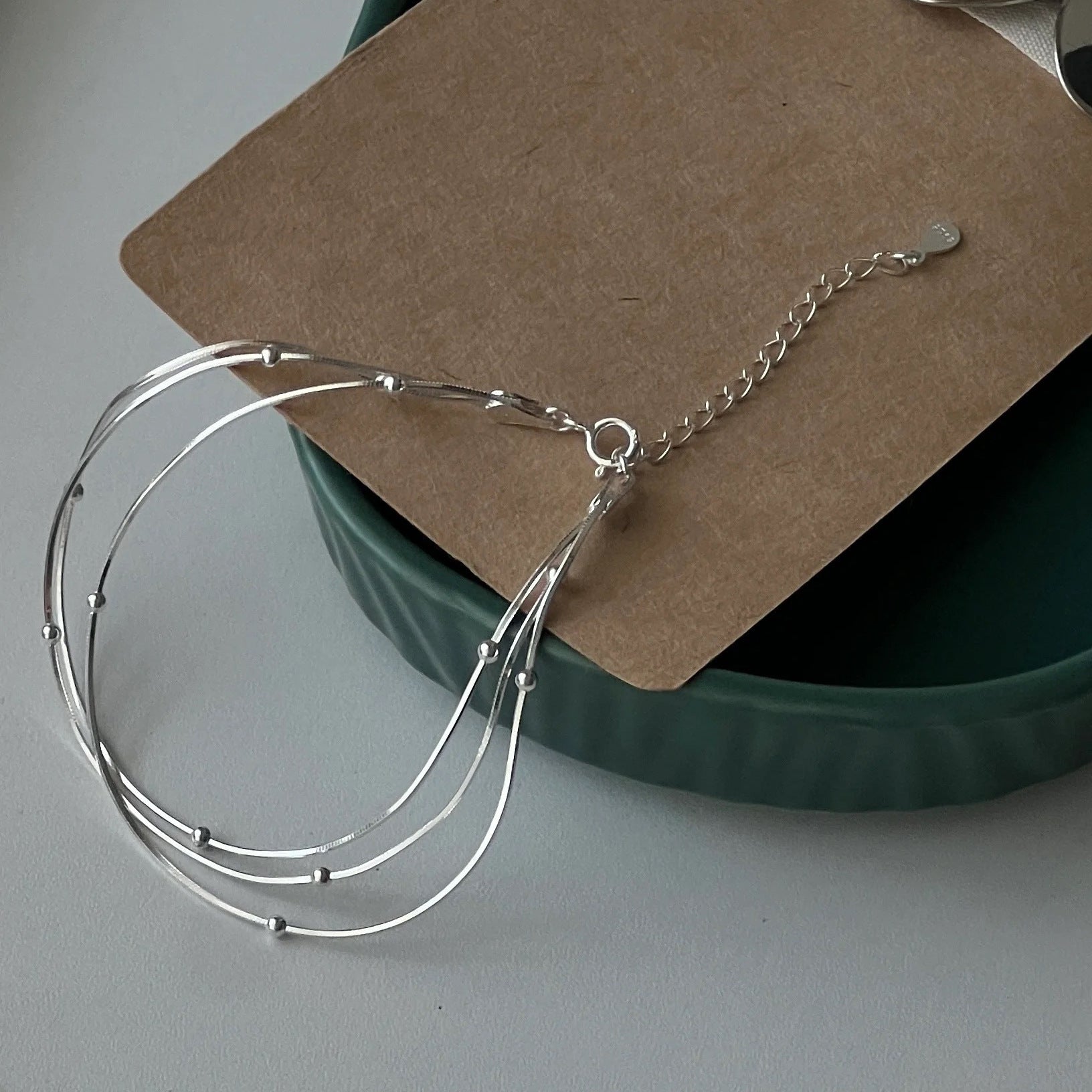 Womens S925 Sterling Silver Three Tier Spacer Bead Snake Chain Bracelet