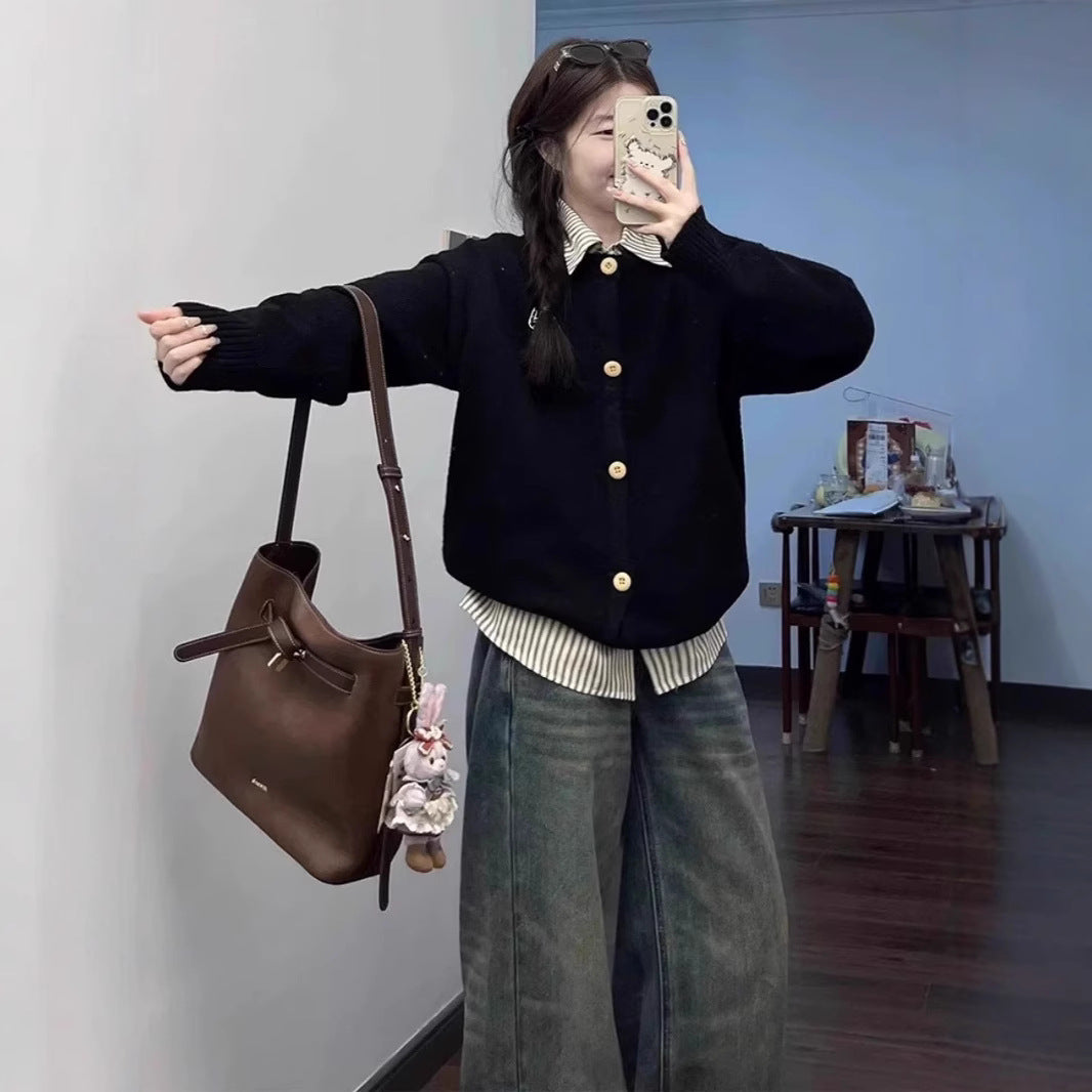 Korean Style Fake Two-piece College Style Shirt Collar Sweater Women's Coat