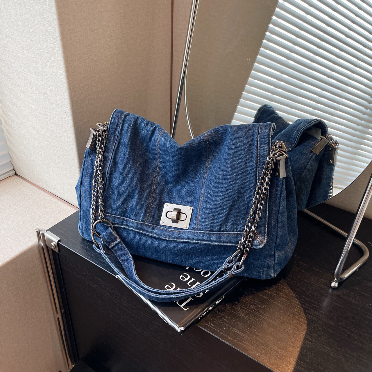 Versatile Denim Tote For Women  Chic Crossbody Bag With Chain Strap, Spacious Casual And Work Purse