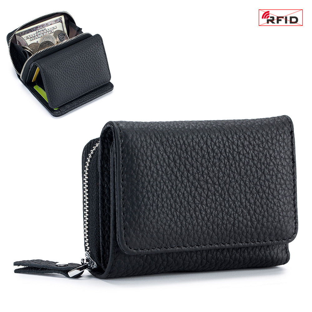 Women's Leather Tri-fold Mini RFID Wallet Large Capacity Storage Bag