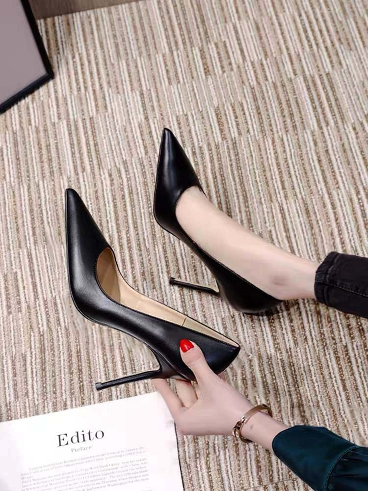 Women's Black Soft Leather High Heels Stiletto Sexy Pointed Toe