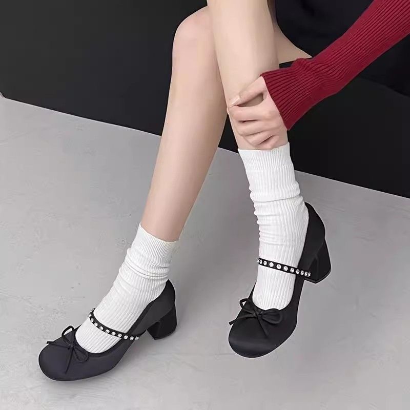 New Single Layer Gentle Bow French Round Head Low-cut Rhinestone Word With Mary Jane Shoes