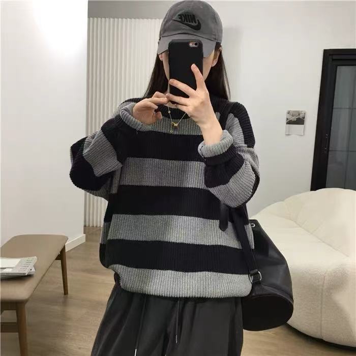 Early Autumn Loose And Lazy Style Striped Sweater For Women