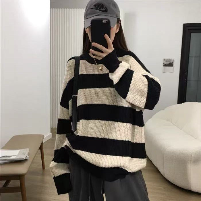 Early Autumn Loose And Lazy Style Striped Sweater For Women