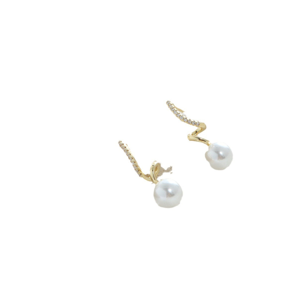 Diamond-encrusted Pearl Spiral Line Stud Earrings