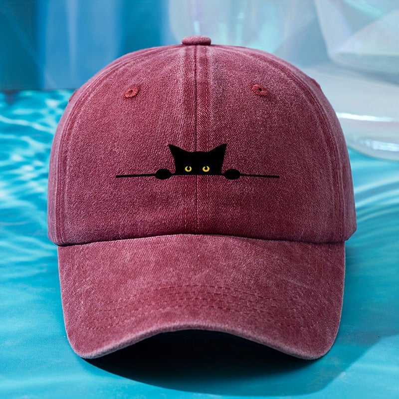 Cat-embroidered Pre-washed Baseball Capversatile Stylish Adjustable And Offers Sun Protection