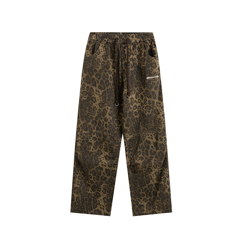 Leopard Print Women's Design Elastic Waist Loose Wide Leg Pants