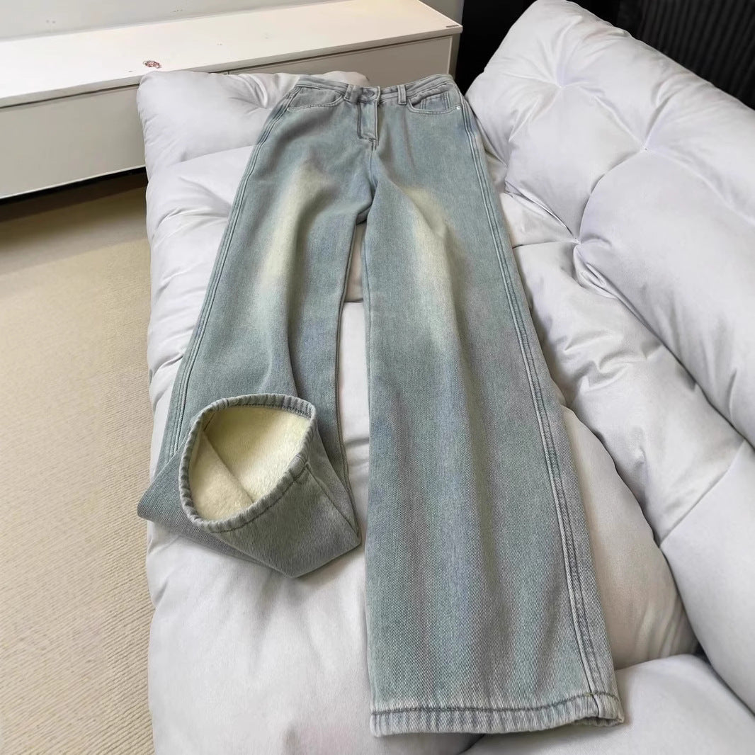 Autumn And Winter Fleece-lined Warm Straight Jeans For Women