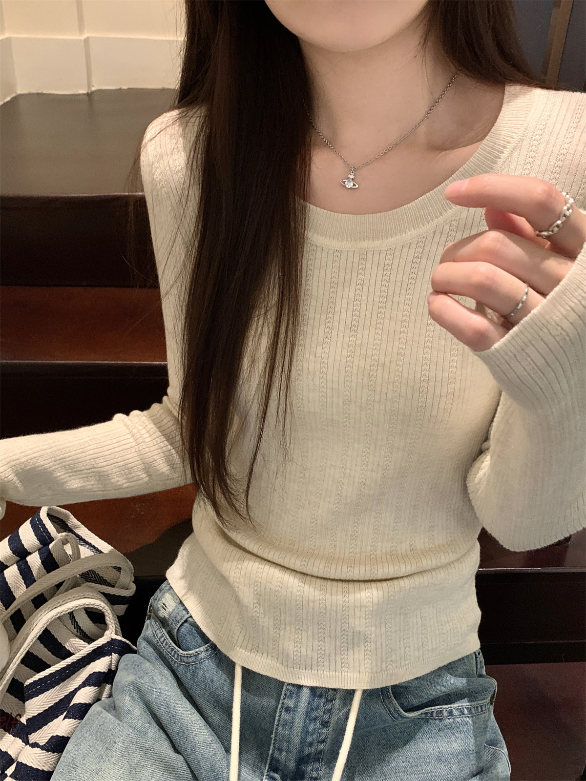 Pattern Round Neck Long Sleeve Sweater