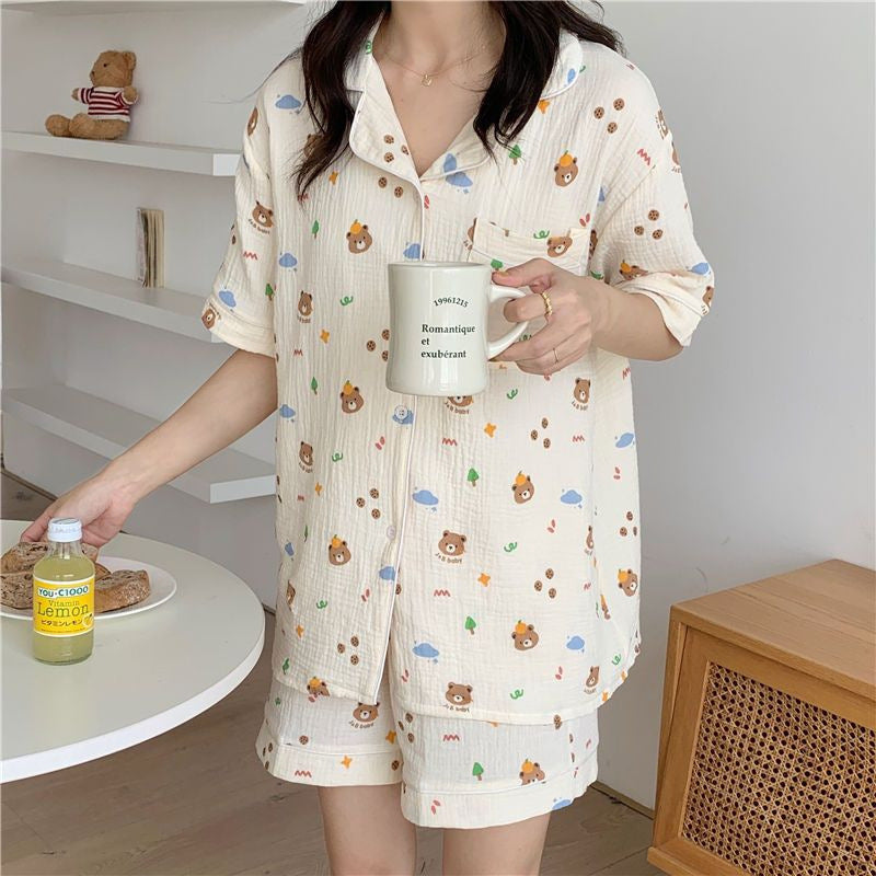 Summer Japanese Bubble Cotton Cute Orange Pajamas For Women