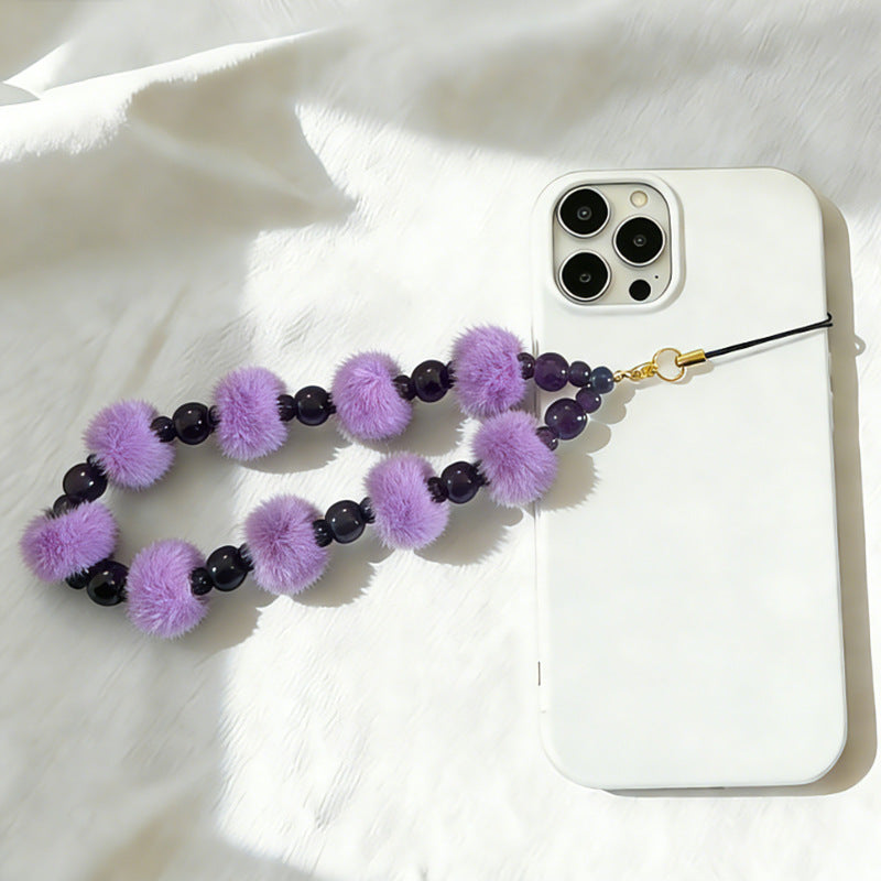 Fuzzy Ball Crystal Bead Phone Chain Key Charm