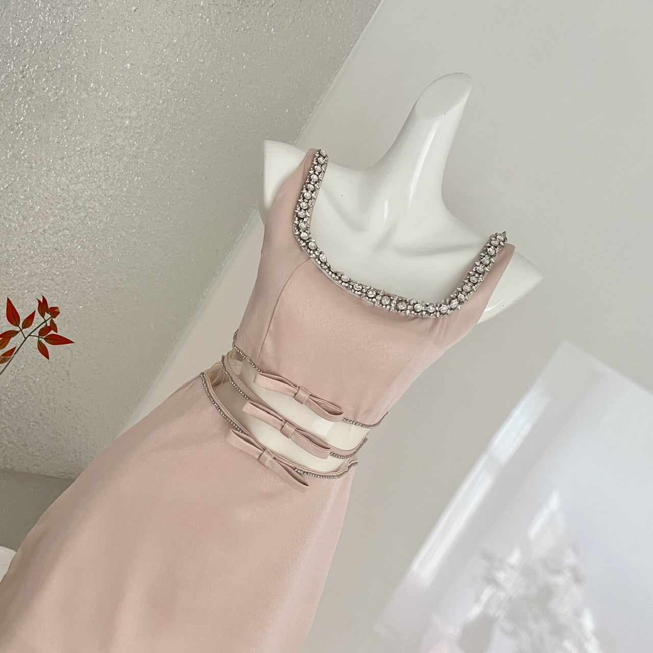 Blush Tone Sleeveless Rhinestone Collar Bow Waist Bridesmaid Cocktail Dress