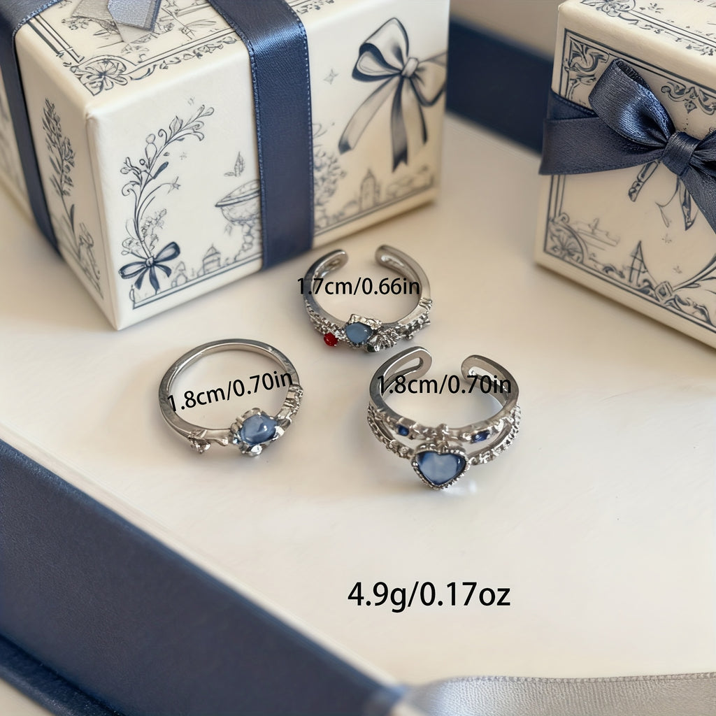 3pcs Set Of Women's Ocean Blue Heart-Shaped Moonstone Open Rings, High-End Adjustable Unique Design Ladies' Hand Jewelry