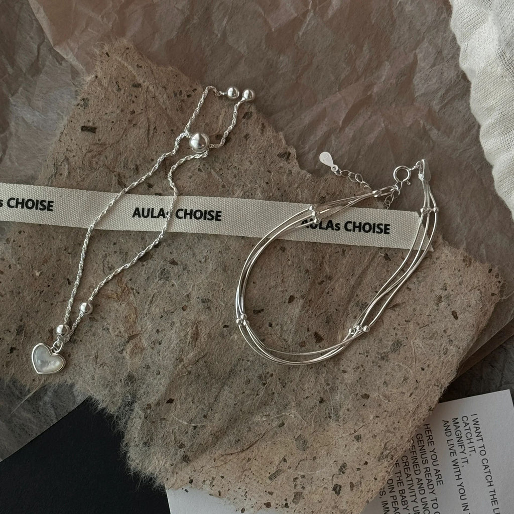 Womens S925 Sterling Silver Three Tier Spacer Bead Snake Chain Bracelet