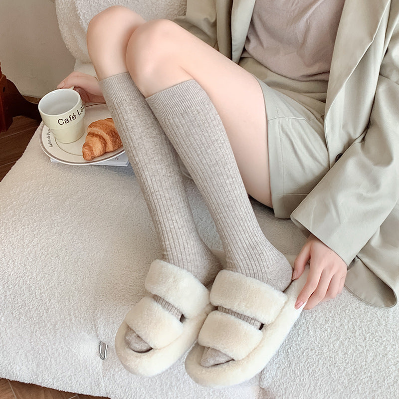 Autumn And Winter Solid Color Rib Fabric Warm Wool Calf Socks