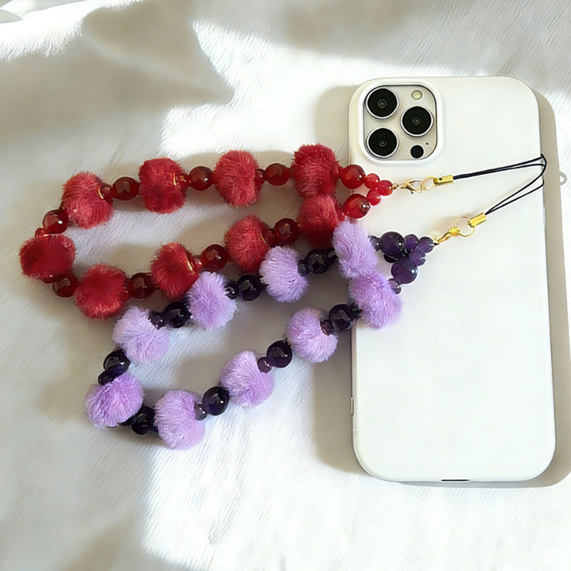 Fuzzy Ball Crystal Bead Phone Chain Key Charm