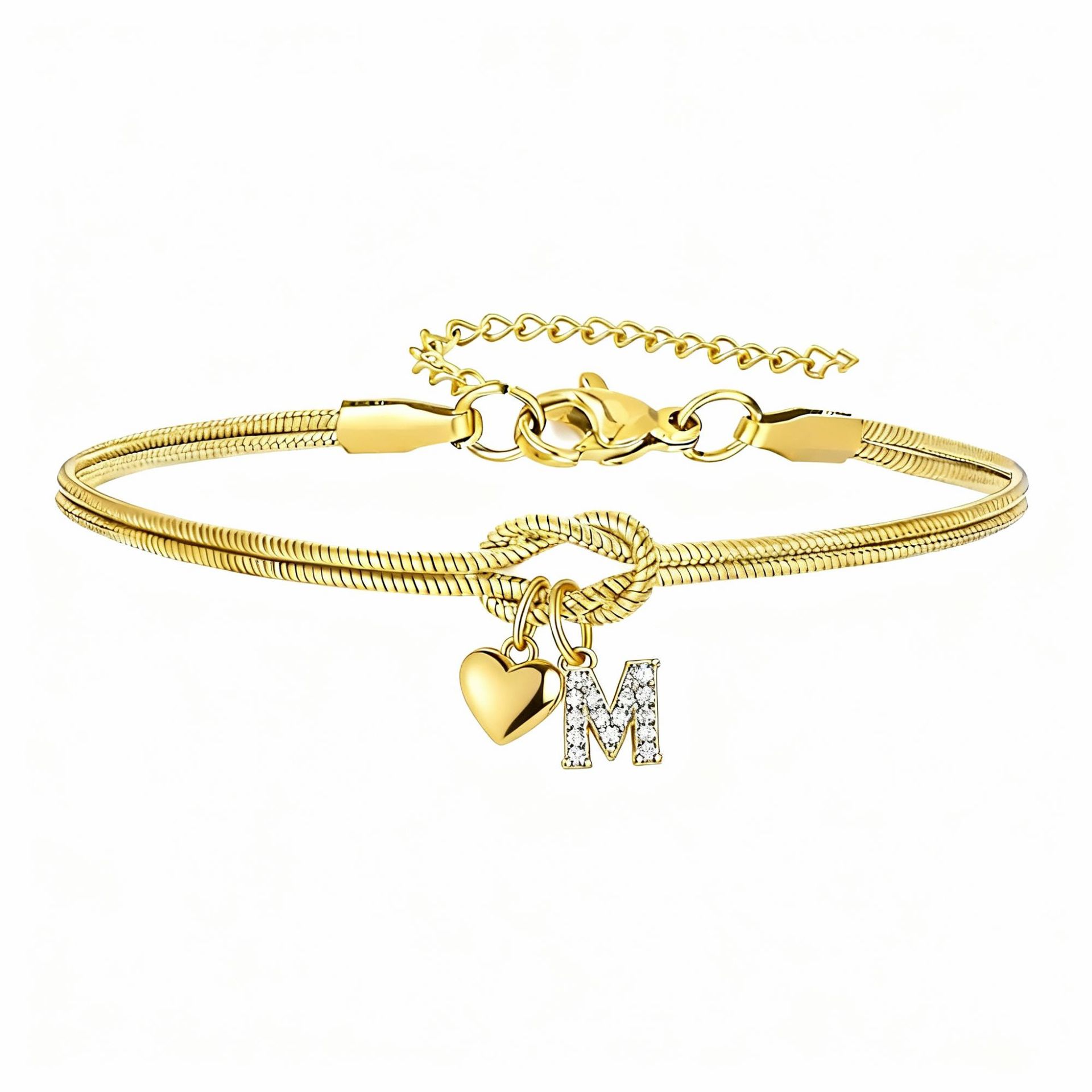 Diamond-Encrusted 26-Letter Heart Pendant Bracelet