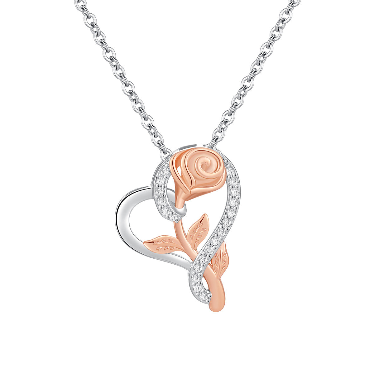 Diamond-encrusted  Intertwined Heart And Rose Flower Necklace