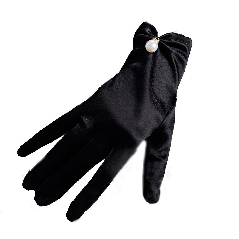 Black Satin Short Pearl Gloves