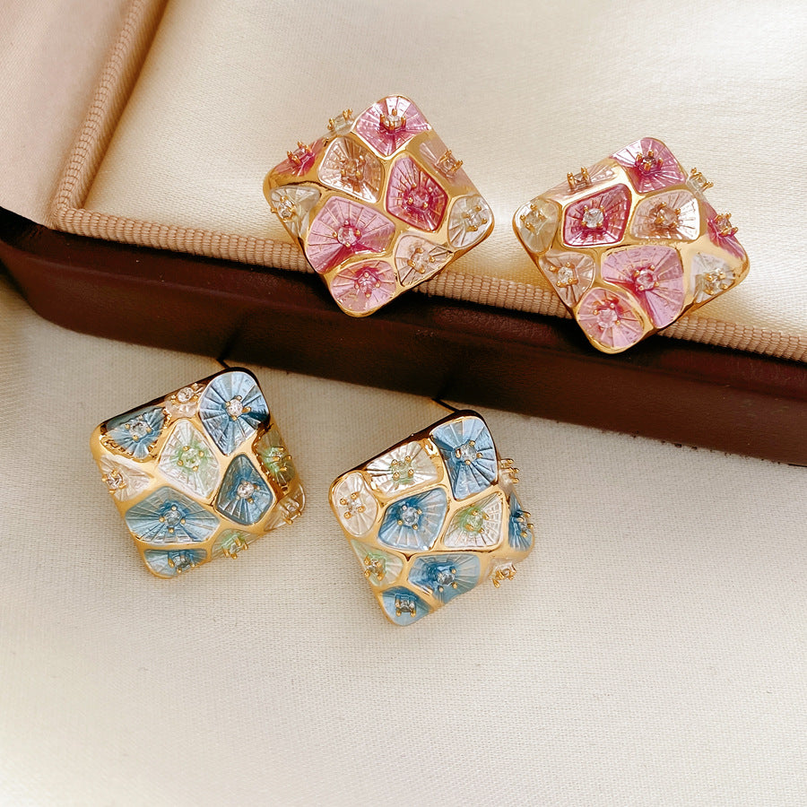 Vintage Enamel Square Stud Earrings With Zircon Color Block Floral Design Sterling Silver Post Elegant Earrings For Women