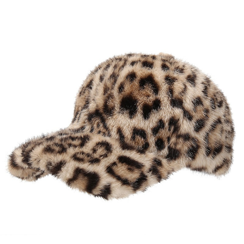New Plush Leopard Print Warm Baseball Cap