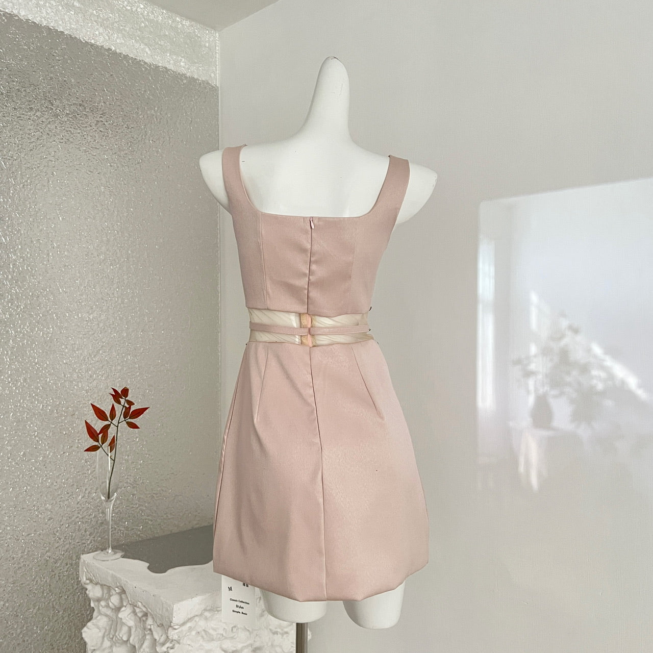 Blush Tone Sleeveless Rhinestone Collar Bow Waist Bridesmaid Cocktail Dress