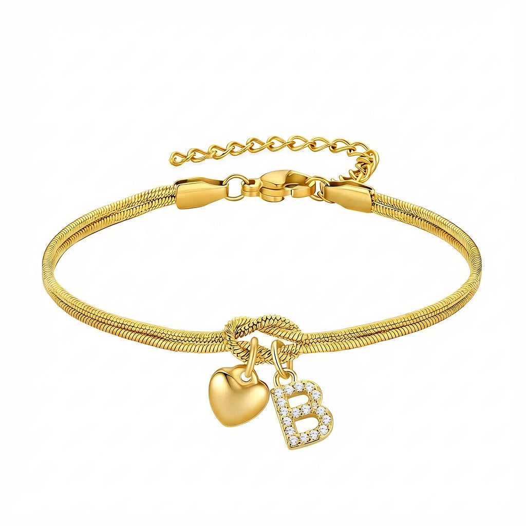 Diamond-Encrusted 26-Letter Heart Pendant Bracelet