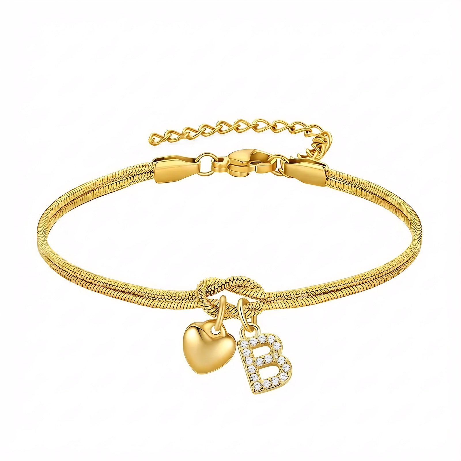 Diamond-Encrusted 26-Letter Heart Pendant Bracelet