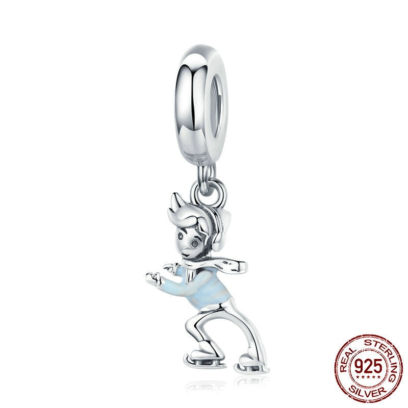 Ski Boy Girl S925 Sterling Silver Pendant DIY Ornament Accessories