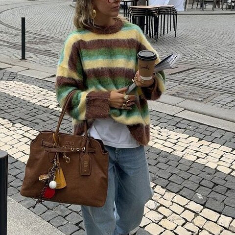 Women's New Color Round Neck Striped Knitted Sweater Fashion Loose