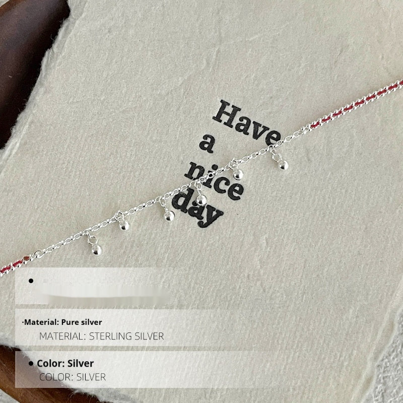 S925 Silver Round Bead Tassel Red Rope Bracelet For Women