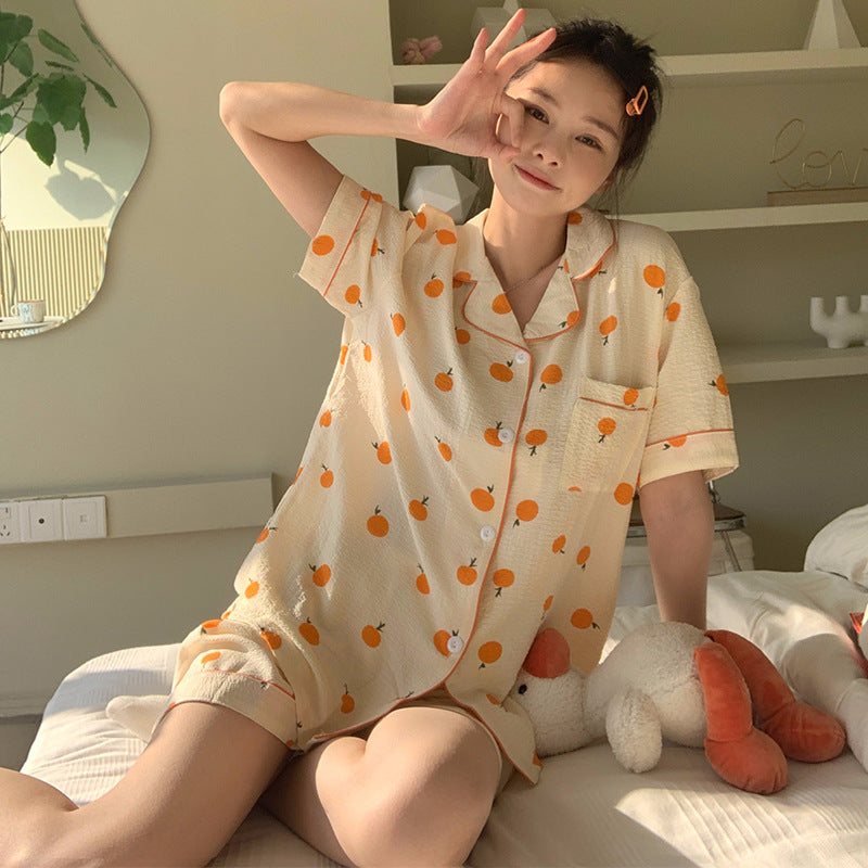 Summer Japanese Bubble Cotton Cute Orange Pajamas For Women