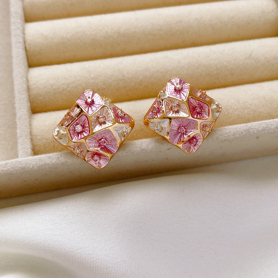Vintage Enamel Square Stud Earrings With Zircon Color Block Floral Design Sterling Silver Post Elegant Earrings For Women