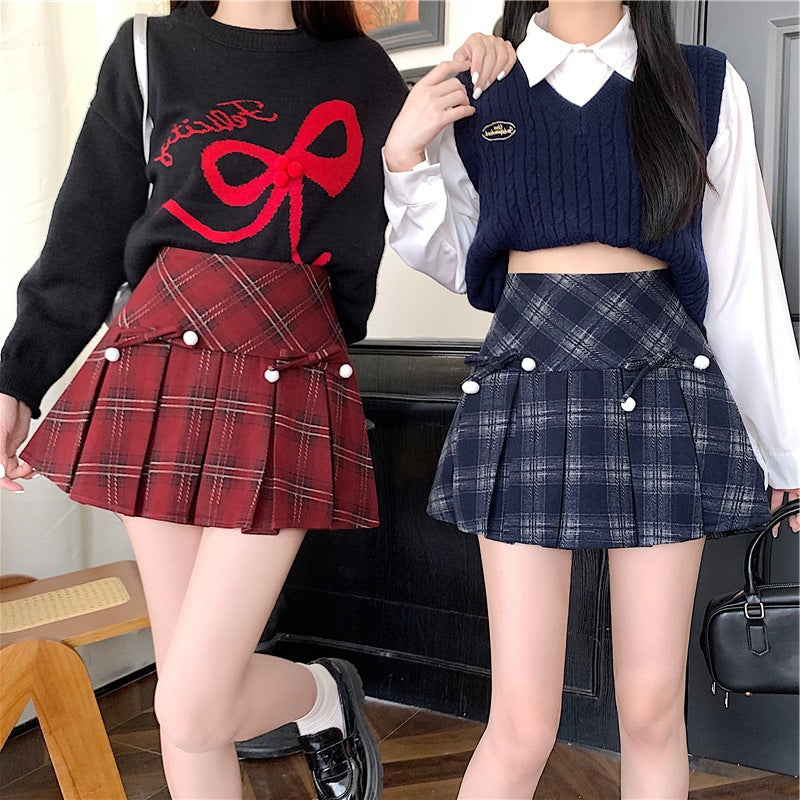 Plaid Pleated Women's Autumn And Winter High Waist Umbrella Culottes Short Skirt