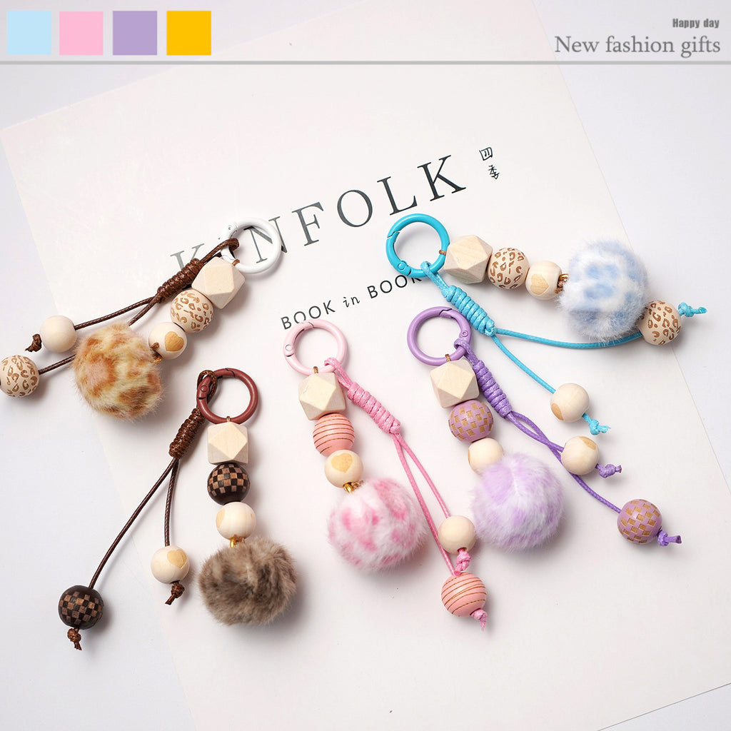 Wooden Bead Pompom Keychain Sweet Bag Charm