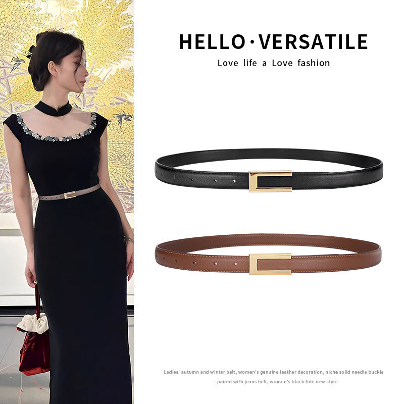 Cowhide Retro Black All-match Decorative Skirt Suit Jeans Leather Thin Belt