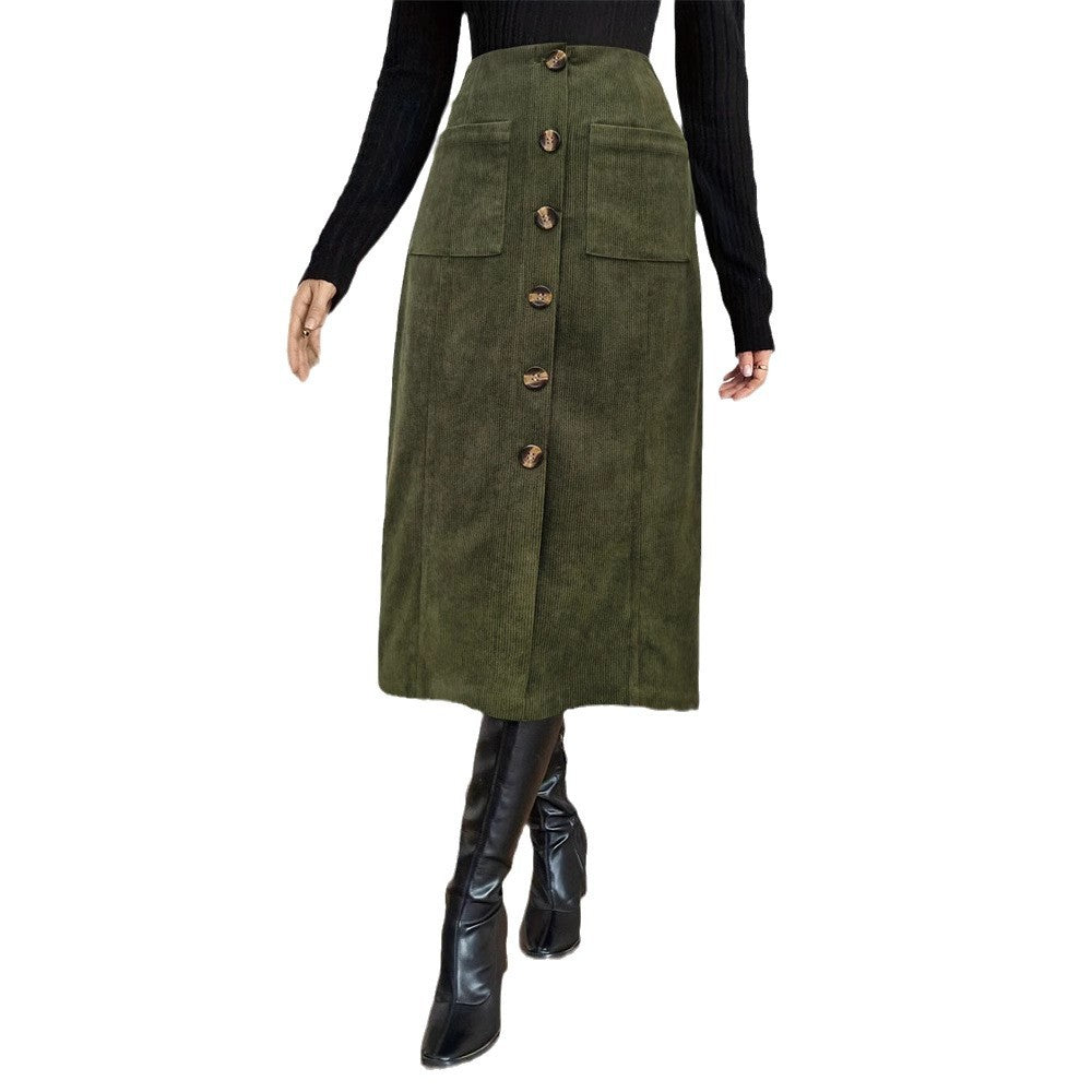 Leisure Commute Elastic Waist Breasted Patch Pocket Mock Fly Straight Mid-length Skirt