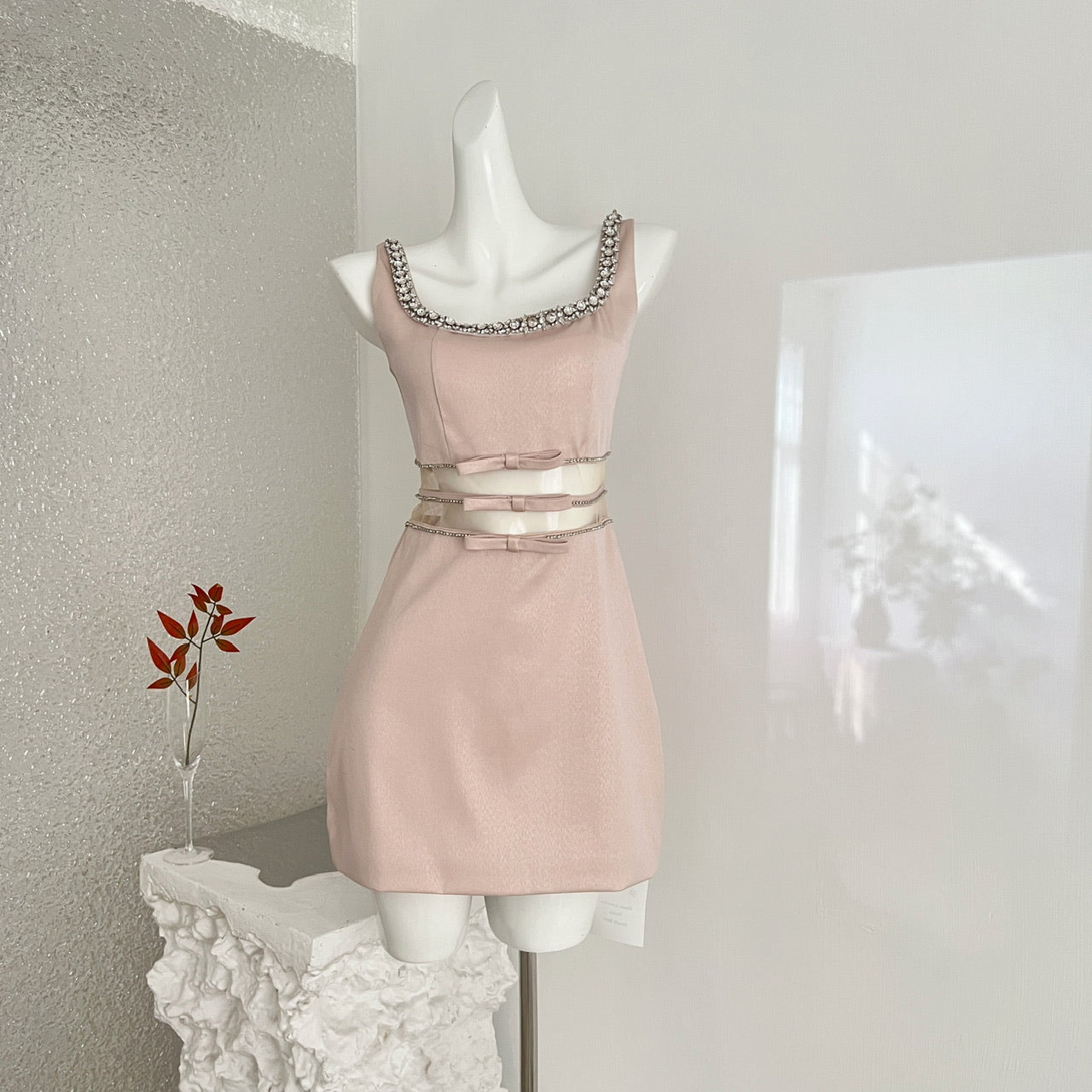 Blush Tone Sleeveless Rhinestone Collar Bow Waist Bridesmaid Cocktail Dress
