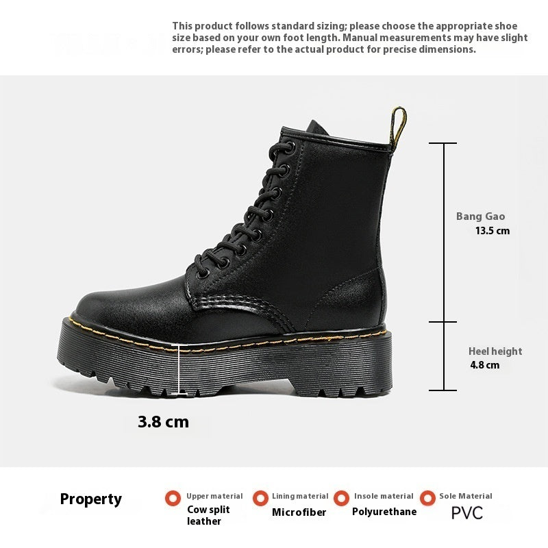 Platform Martin Boots Women's Thickened Real Leather Black Flat Bottom