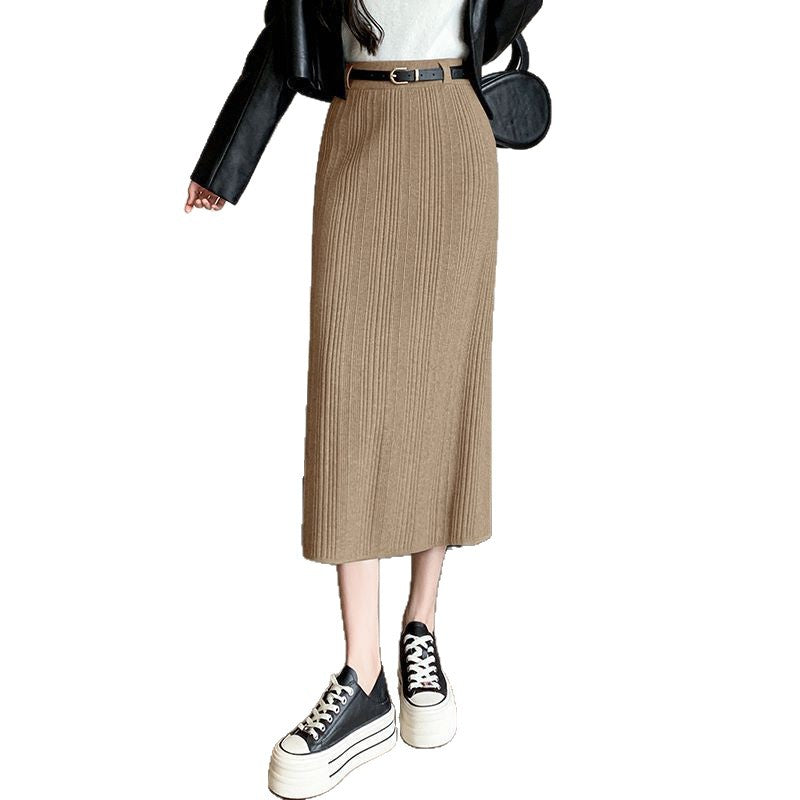 French Stripe Slit Knitted High Waist Sheath Straight Skirt