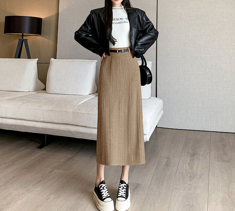 French Stripe Slit Knitted High Waist Sheath Straight Skirt